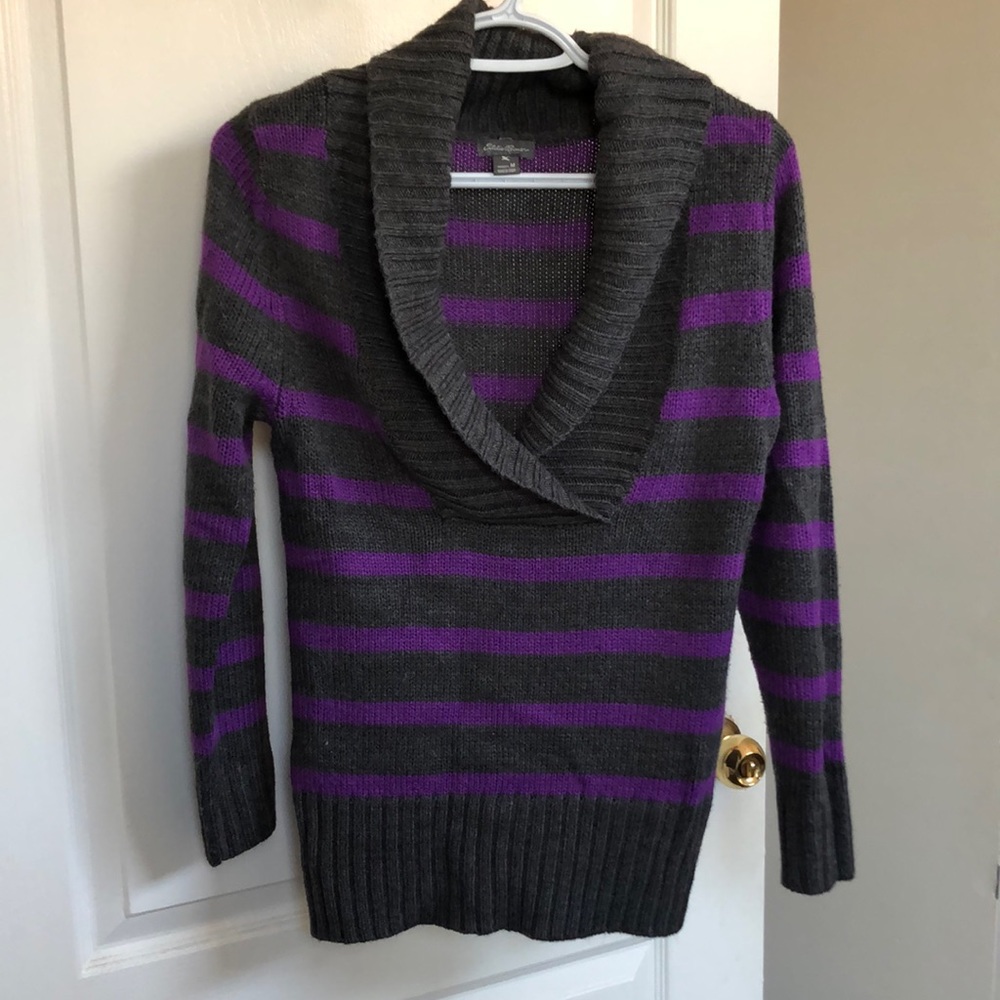 Eddie Bauer grey & purple stripped v neck sweater